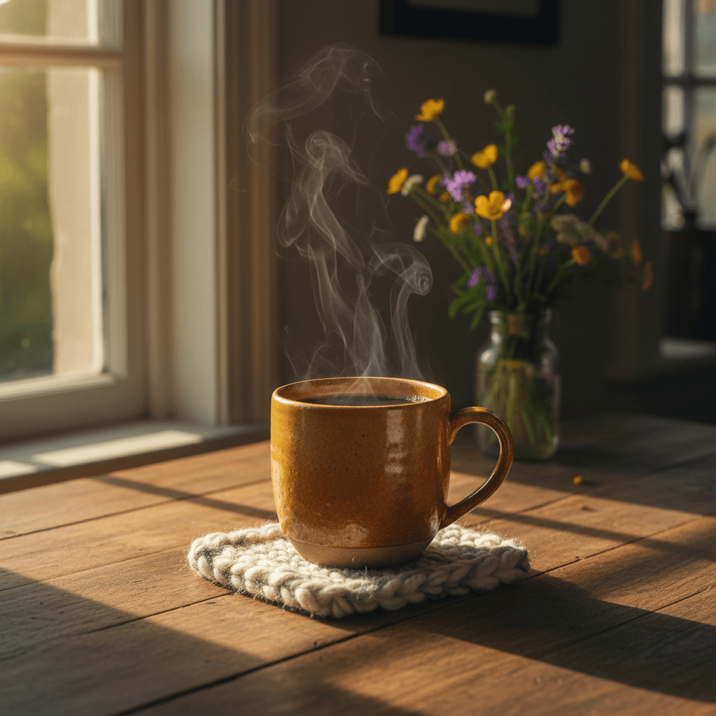 Steaming coffee mug on a wooden table in morning light