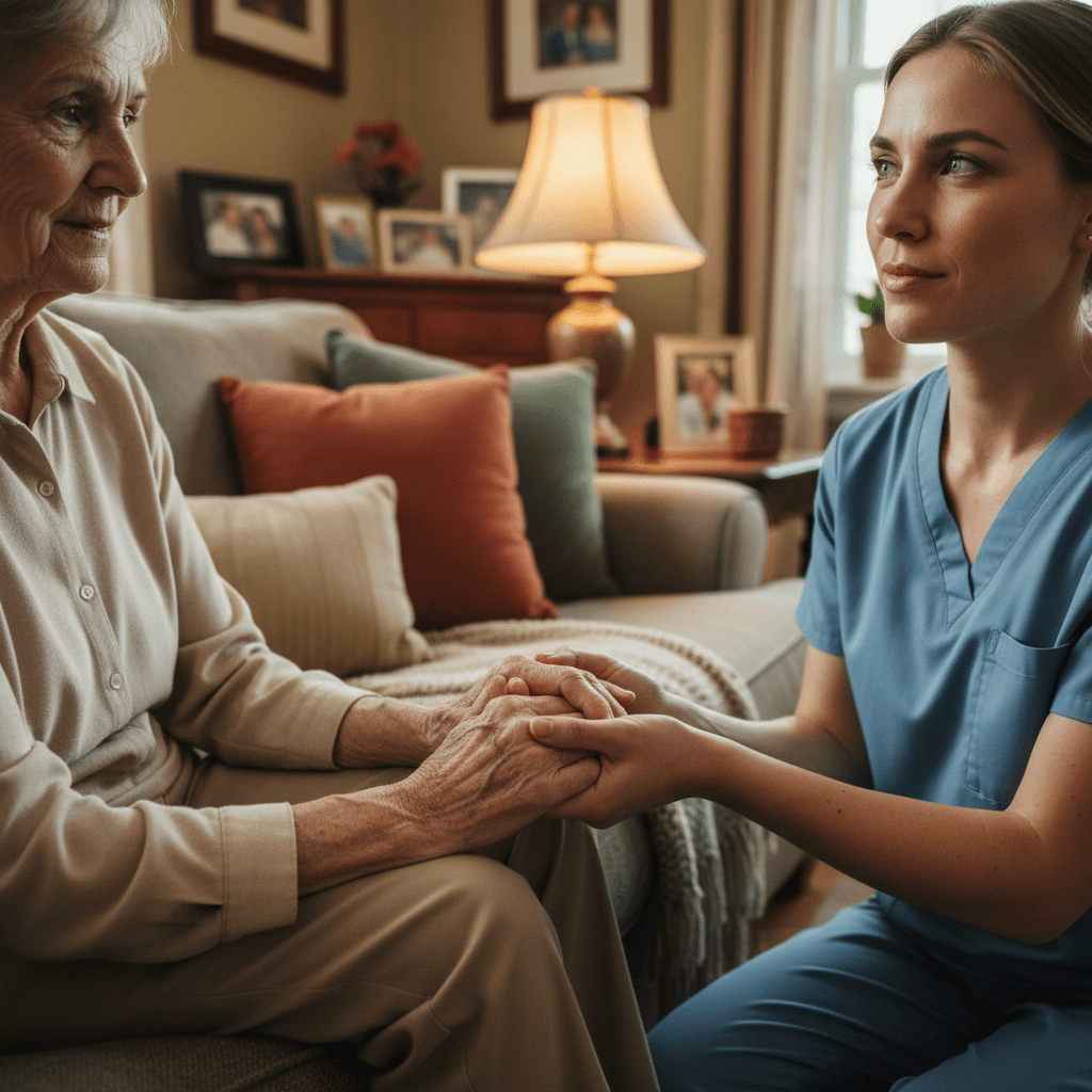 Caregiver and elderly person holding hands on cozy living room sofa, expressing trust and emotional connection