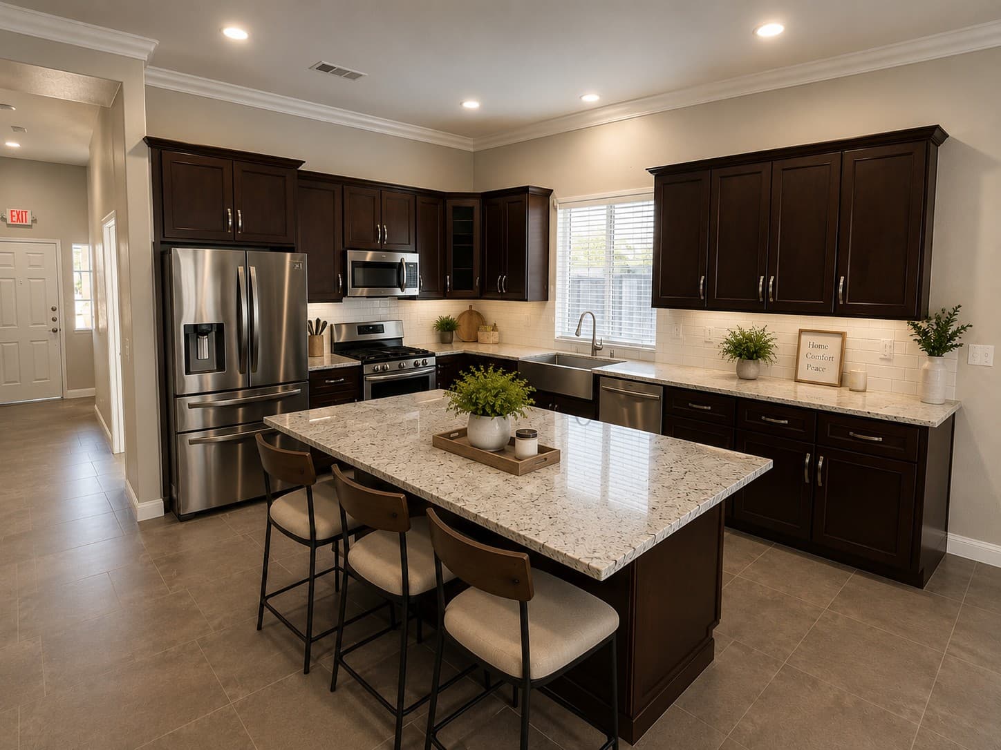 Modern kitchen with dark wood cabinets, stainless steel appliances, and a granite island with barstools.